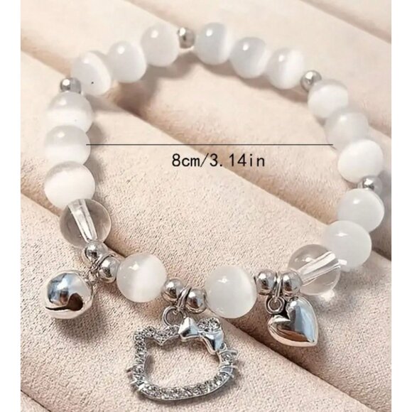 Hello Kitty Silver Charm Stretch Bracelet Rhinestone Heart & Beaded Design - Picture 3 of 3